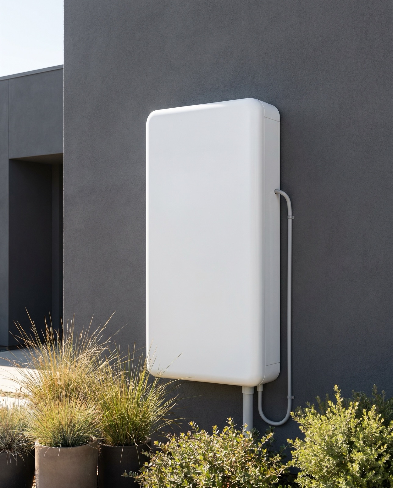 A home battery backup unit mounted on an exterior wall in daylight