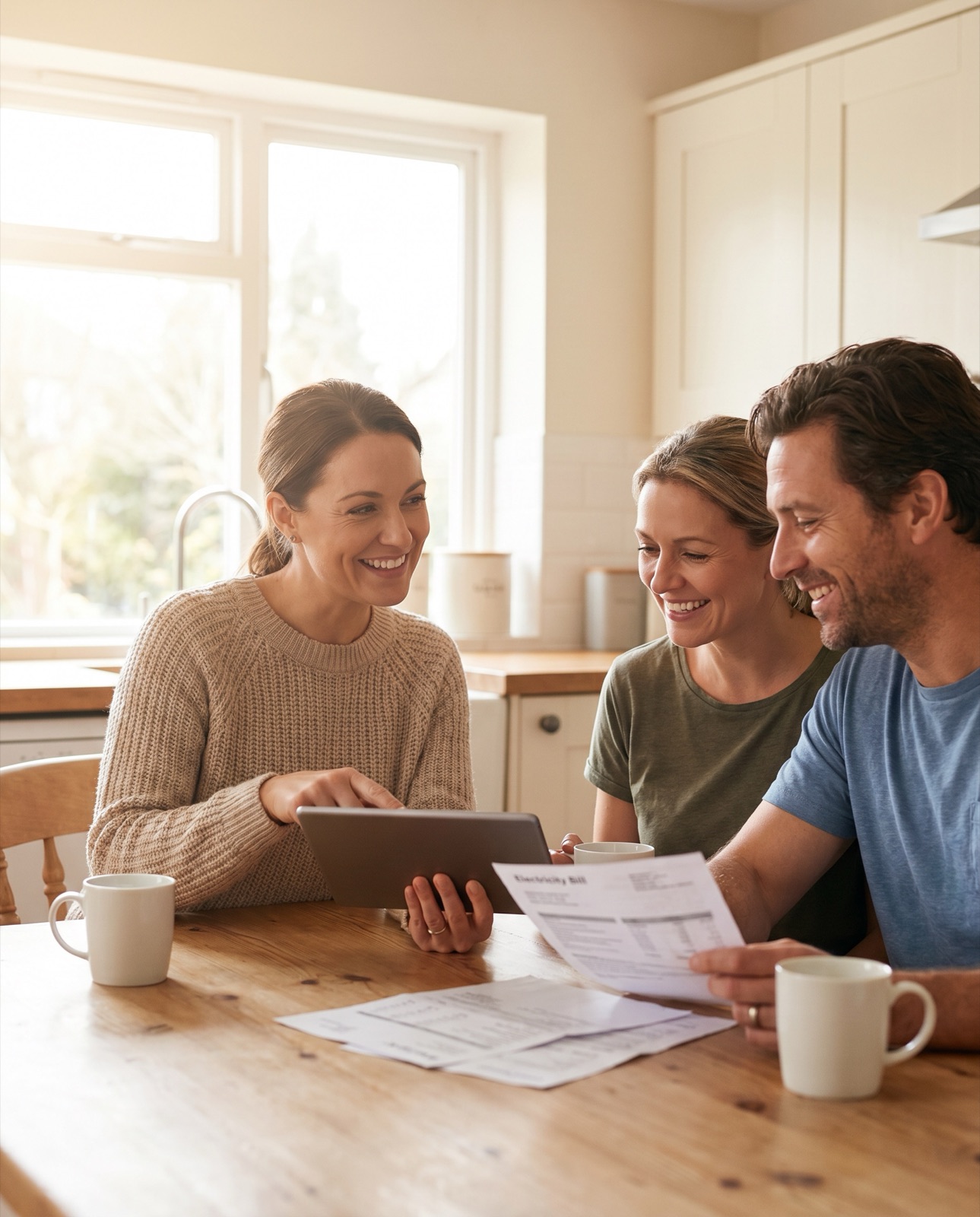 A homeowner reviewing their electricity options with a solar professional at the kitchen table