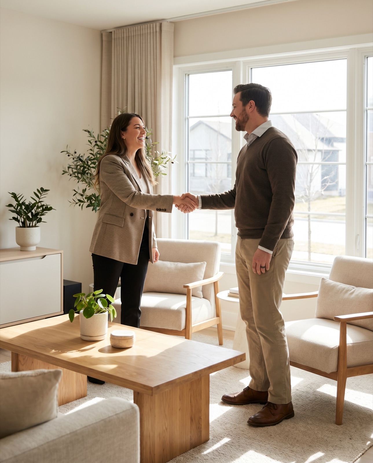 A solar professional shaking hands with a homeowner in a bright, welcoming setting